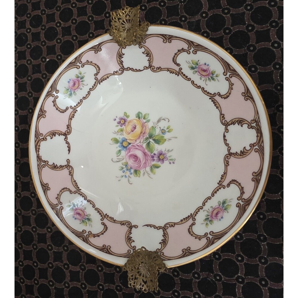 Rare ANTIQUE Handpainted VintagePink LIMOGES Signed BowlAshtray 6" BrassHandles
